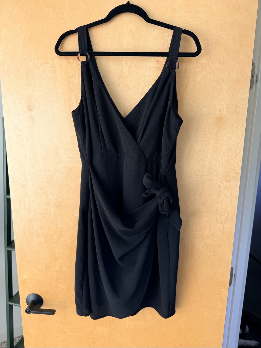 Willow Black Wrap-Front Mini Dress with Ring-Strap Details